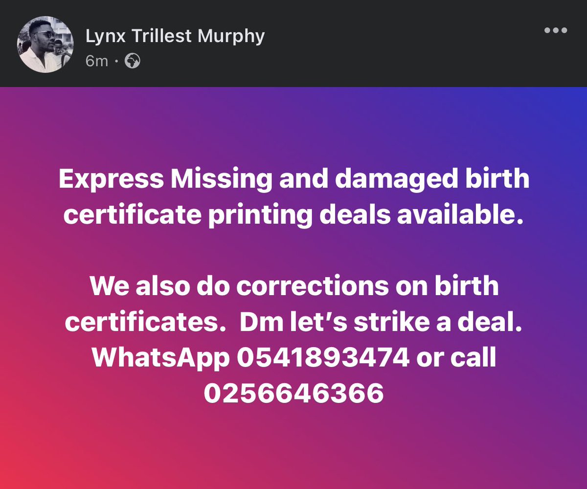 murphy_lynx's tweet photo. @EFYA_Nokturnal Express Missing and damaged birth certificate printing deals available.  

We also do corrections on birth certificates.  Dm let’s strike a deal.
WhatsApp 0541893474 or call 0256646366 https://t.co/NRIBAwkvTW