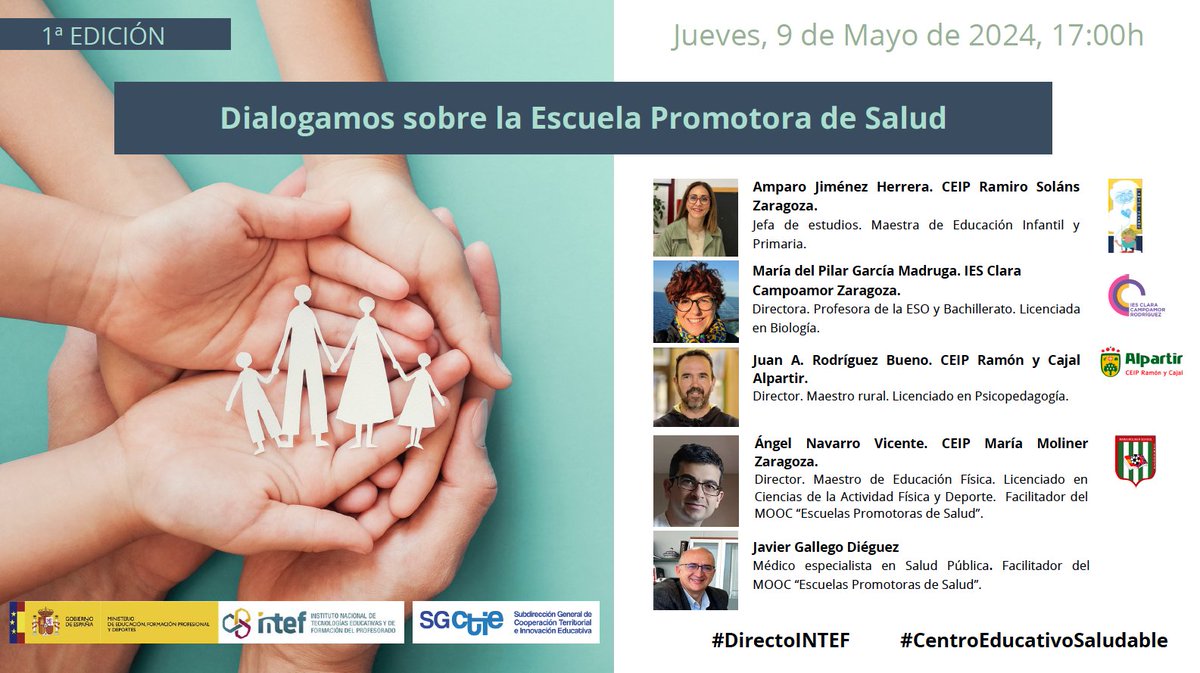 #DirectoINTEF Dialogamos sobre la Escuela Promotora de Salud jueves 9 mayo, 17 horas Acceso abierto youtube.com/watch?v=pb7Q_A… #CentroEducativoSaludable Con @MAmparojh de @CPRamiroSolans @mapigm70 de @IESCLARACR Juan Antonio Rodríguez de @cpalpartir @AngelNavarroVic de @ceipmmozgz