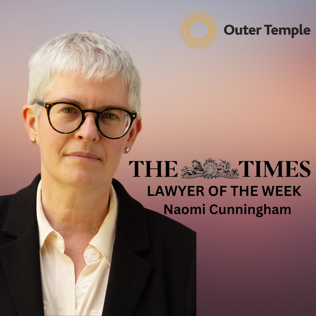 Naomi Cunningham has been named 'Lawyer of the Week' by @thetimes after winning aggravated damages against both Westminster City Council and Social Work England, and exemplary damages against SWE,for 'gender-critical' social worker Rachel Meade. Read more:outertemple.com/naomi-cunningh…