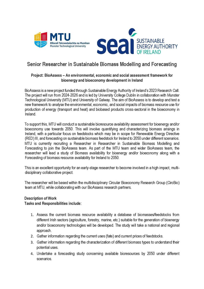 BiorefineryIE's tweet image. 🧑‍🌾🧑‍🔬🚜🌳⛽️💡♻️We&apos;re recruiting a Senior Researcher in #sustainable #biomass #modelling &amp;amp; #forecasting for the new @SEAI_ie-funded #BioAssess project to join @CircBio, @mtu_ie.
#climateneutrality
Applications via mtu.ie/vacancies/ until 23rd May. @UCDBioFoodEng @uniofgalway