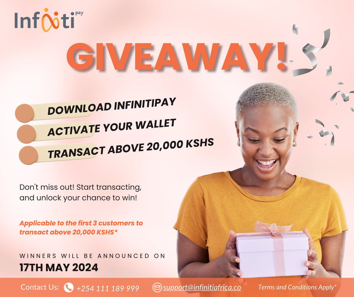 Unlock your chance to win something special! The first 3 customers to transact over 20,000 Kshs with #InfinitiPay between today and 16th May 2024 will win a #prize. Ditch the manual work, receive #payments instantly, and manage everything with a tap - anytime, anywhere!

Don't