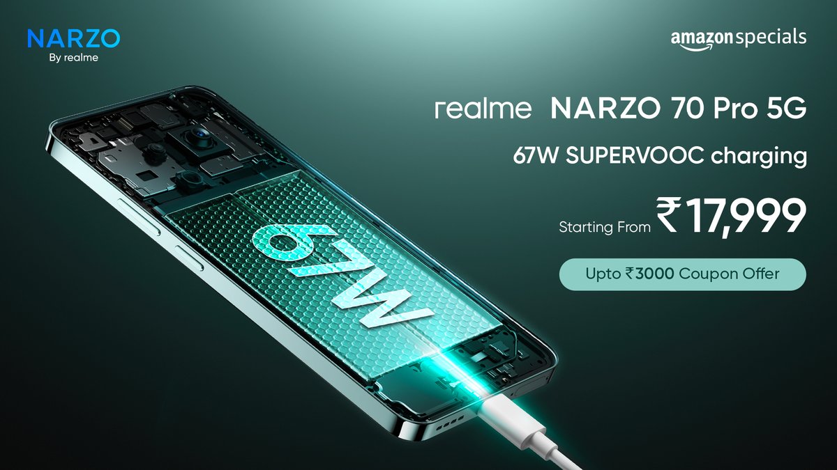 Power through your day, worry-free! The #realmeNARZO70Pro5G boasts 67W SUPERVOOC charging, that never lets you get caught with a dead battery again. Charge in minutes, and conquer your hours. Starts from ₹17,999* with upto ₹3000 Coupon Offer! *T&C Apply Buy Now On @amazonIN:…