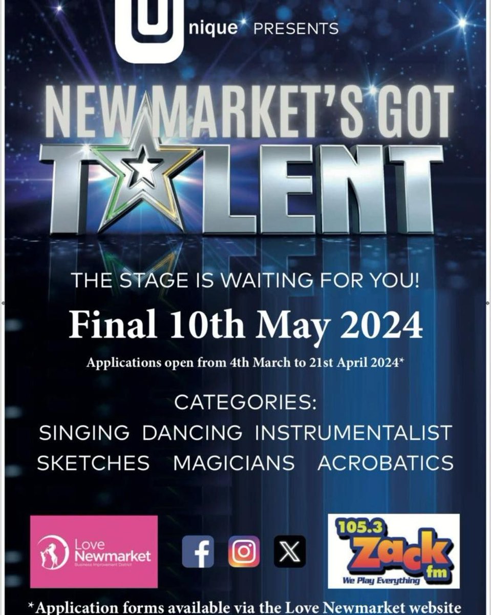 Come and support the contestants in this year's Newmarket's Got Talent ⭐ Held at Unique, from 8.30pm, pop along, grab a drink and enjoy the show! Good luck to all. #NewmarketsGotTalent #UniqueBar #WhatsOn #SupportLocal #SupportOurHighStreet #LoveNewmarket #Newmarket #Suffolk