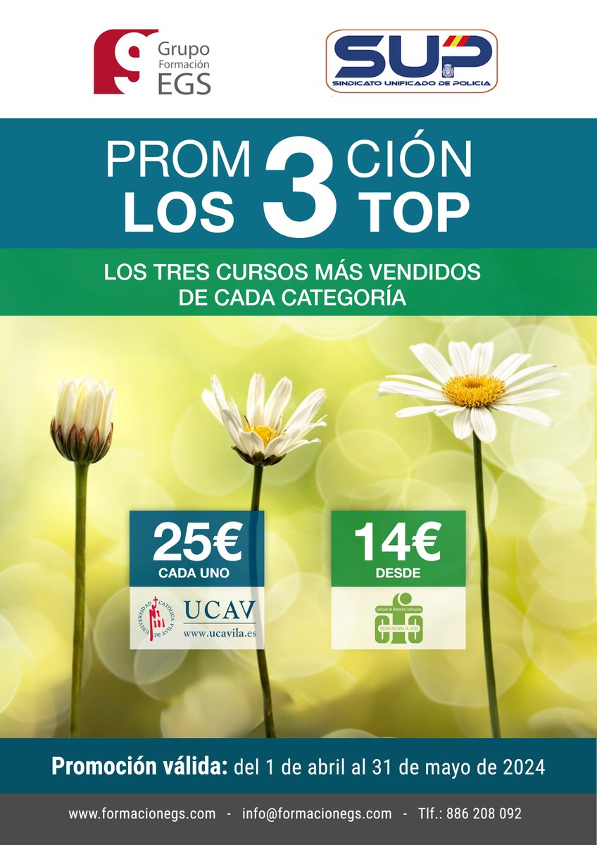 👨‍🏫¡Promoción 3⃣ cursos más vendidos!
Plataforma <a href="/Sup_Policia/">SUP</a> - Grupo #EGS 
Hasta el 3⃣1⃣ de mayo
Para afiliados y familiares*
🇬🇧idiomas, 👮seguridad, ⚖️justicia, 
🏫educación, 🏥sanidad y ofimática
#SUPLíderEnFormación
Elige tus tres cursos ⤵️
supformacion.es/cursos-platafo…