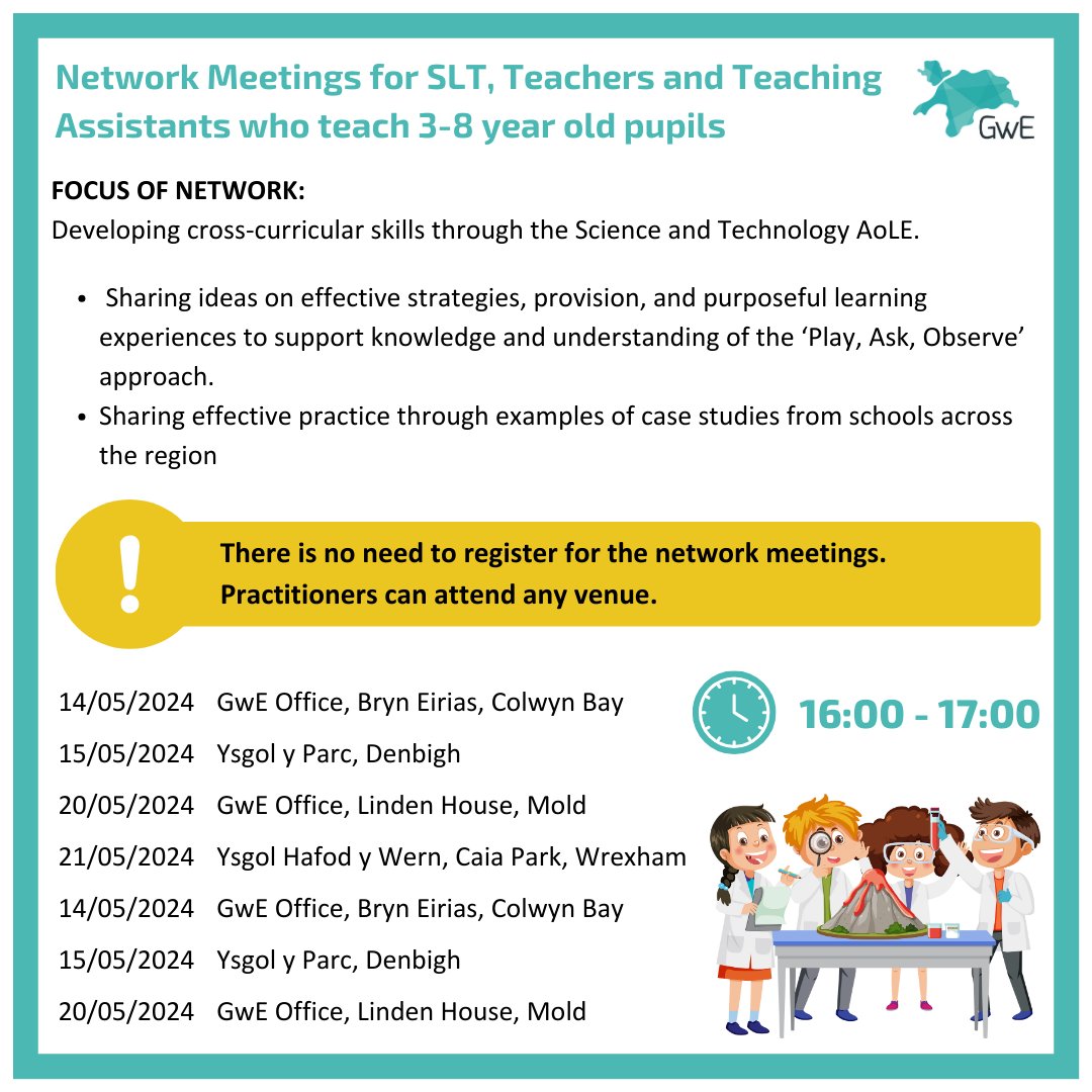 📢 NETWORK MEETINGS FOR SLT, TEACHERS AND TEACHING ASSISTANTS WHO TEACH 3-8 YEAR OLD PUPILS 📅📍 Please see dates and venues below. 🕓 16:00 - 17:00 ‼️ NO NEED TO REGISTER. PRACTITIONERS CAN ATTEND ANY VENUE. ‼️ @GCynradd