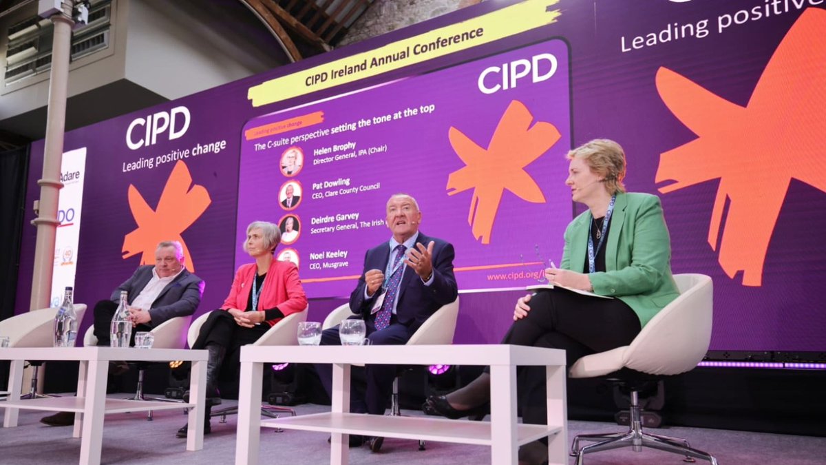 Setting the tone at the top. Pat Dowling @ClareCoCo Deirdre Garvey @irishredcross Noel Keeley @Musgraveplc with Chair Helen Brophy IPA give an overview of their learnings & insights around what the business needs of the #PeopleProfession is. #CIPDIrelandAC #CSuite #HR