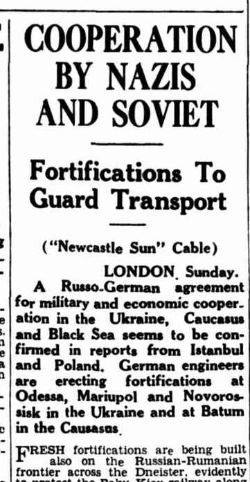 #HitlerStalinPact 'COOPERATION BY NAZIS AND SOVIET- Fortifications To Guard Transport..to protect the Baku-Kiev railway along which war materials for the Finnish campaign and of manganese and copper for Germany are transportedThe Newcastle Sun, Feb 12 1940 nla.gov.au/nla.news-artic…