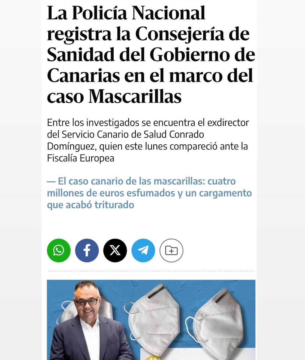 “La Policía Nacional registra la Consejería de Sanidad del Gobierno de Canarias en el marco del caso Mascarillas. Entre los investigados se encuentra el exdirector del Servicio Canario de Salud, Conrado Domínguez” eldiario.es/canariasahora/…