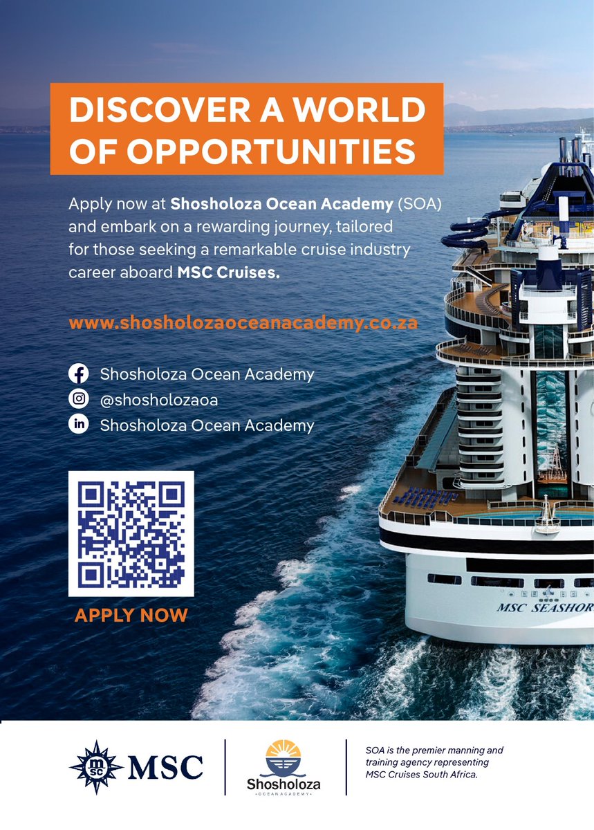 Do you have what it takes or know of anyone that will thrive in the cruise industry? Then don’t miss the opportunity to apply. Please see below further details and click on the website link for more information. Visit website: shosholozaoceanacademy.co.za #Jobs #jobsearch #msccruises