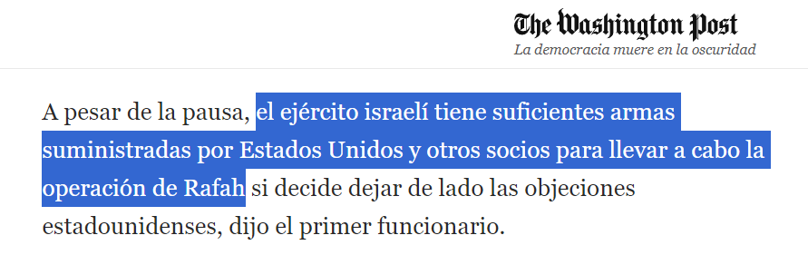 Lo de 'no enviaremos más armas a Israel por lo de Rafah' es una maniobra electoralista y para distanciarse de la consumación de la limpieza étnica. Las FDI ya han acumulado el suficiente armamento, y los EEUU se niegan a detener a Tel Aviv por otras vías. washingtonpost.com/national-secur…