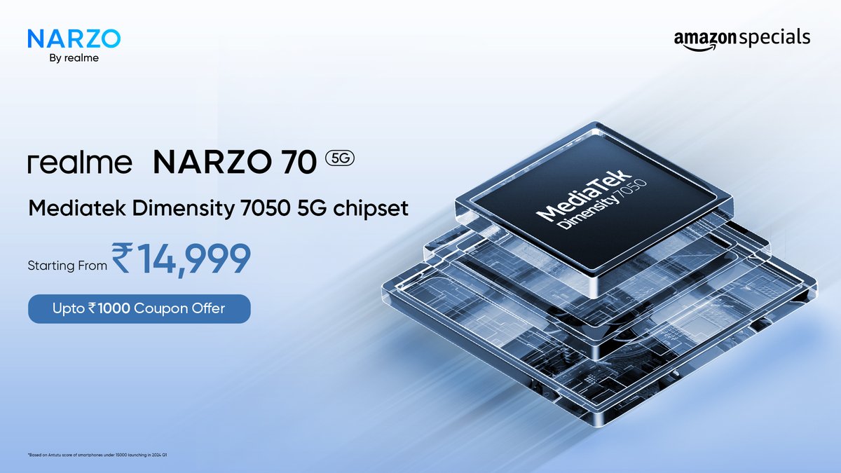 Built for speed, built to last. With the #realmeNARZO705G's MediaTek Dimensity 7050 5G processor, we ensure you don't settle for lag. Get smooth performance, all day, every day. Starting at ₹14,999* with upto ₹1000 Coupon Offer! *T&C Apply Buy Now On @amazonIN:…