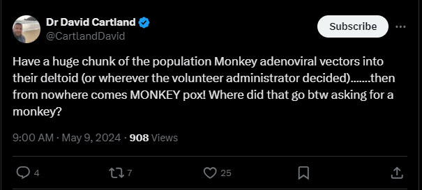 Cartland demonstrating no understanding of viruses once again
Mpox, discovered in the 50's, isolated in humans in the 70's in Africa (prob from bushmeat) is an orthopoxvirus (same family as smallpox eradicated with vaccines)
AZ uses a modified ADENOVIRUS -  no relation at all🤦‍♂️