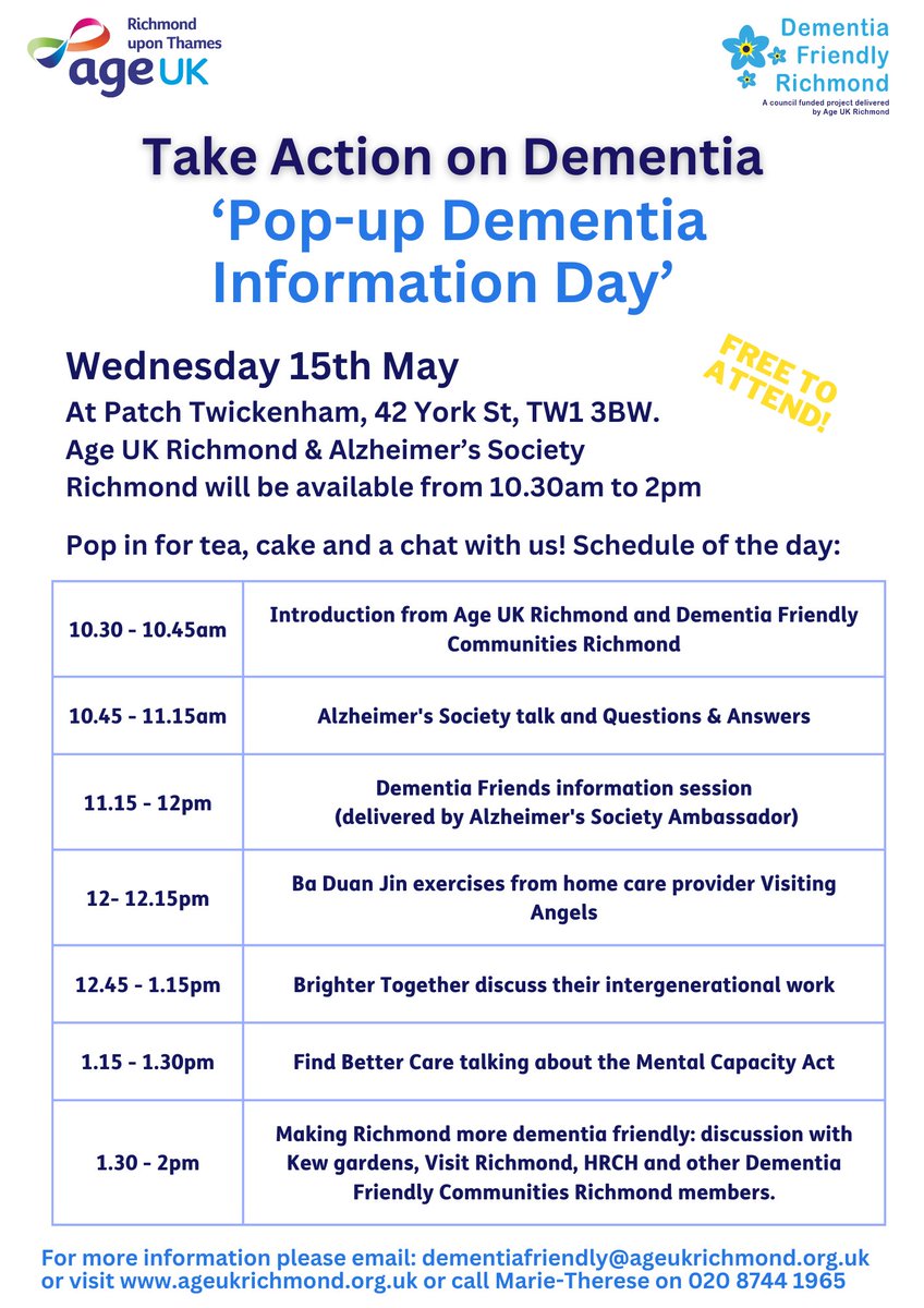 As part of the upcoming Dementia Action Week, we are hosting a pop-up event for residents to learn more about the condition and find local support 🧠 Pop into Patch (42 York Street) on Wed 15 May from 10.30am to 2pm! Find more information ageuk.org.uk/richmonduponth…