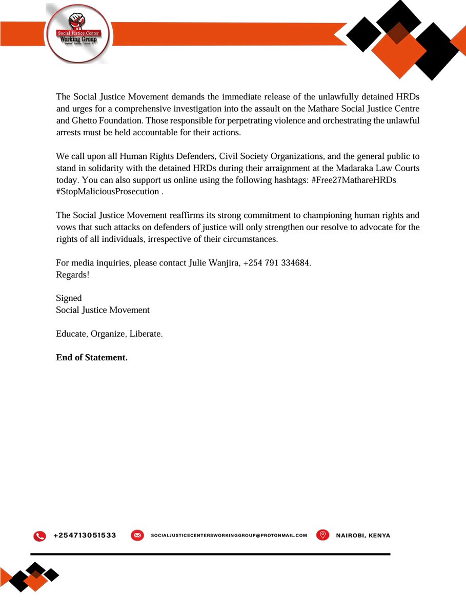 🚨PRESS STATEMENT🚨 The Social Justice Movement condemns the police raid, arrest, and unlawful detention of 27 HRDs. rb.gy/t1gsg1 We demand their immediate release and accountability for this flagrant abuse of power! #Free27MathareHRDs #StopMaliciousProsecution