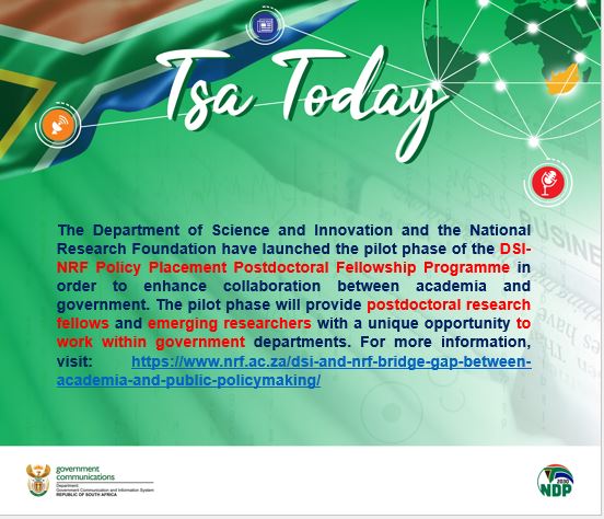 The Department of Science and Innovation and the National Research Foundation have launched the pilot phase of the DSI-NRF Policy Placement Postdoctoral Fellowship Programme. For more information, visit: nrf.ac.za/dsi-and-nrf-br… @dsigovza