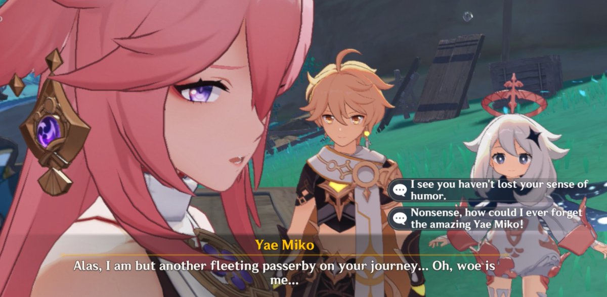 MrJummpy's tweet image. Yae Miko teasing Aether again about how she &quot;dearly misses&quot; him. She&apos;s a little jealous huh 😉

#Yaether