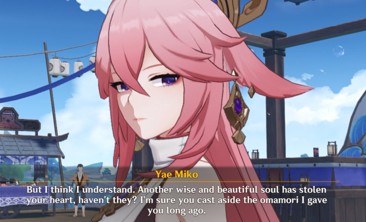 MrJummpy's tweet image. Yae Miko teasing Aether again about how she &quot;dearly misses&quot; him. She&apos;s a little jealous huh 😉

#Yaether