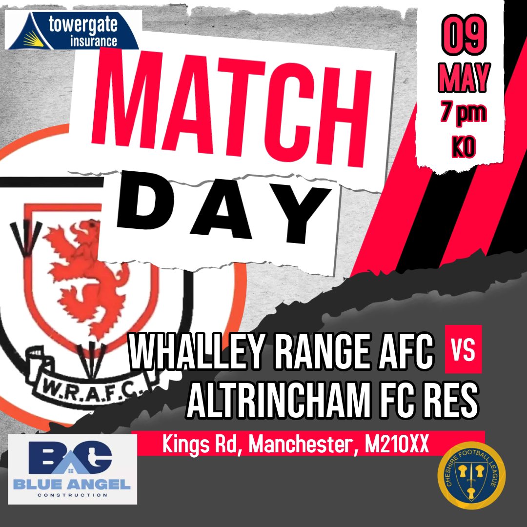 MATCHDAY ‼️ Get yourself down to a ☀️ Kings Rd, this evening. 🆚 @AltrinchamRes 🕑 7pm KO 🏟️ Kings Rd, Manchester, M210XX 🏆 @CheshireFL UpTheWhalley 🔴⚫️