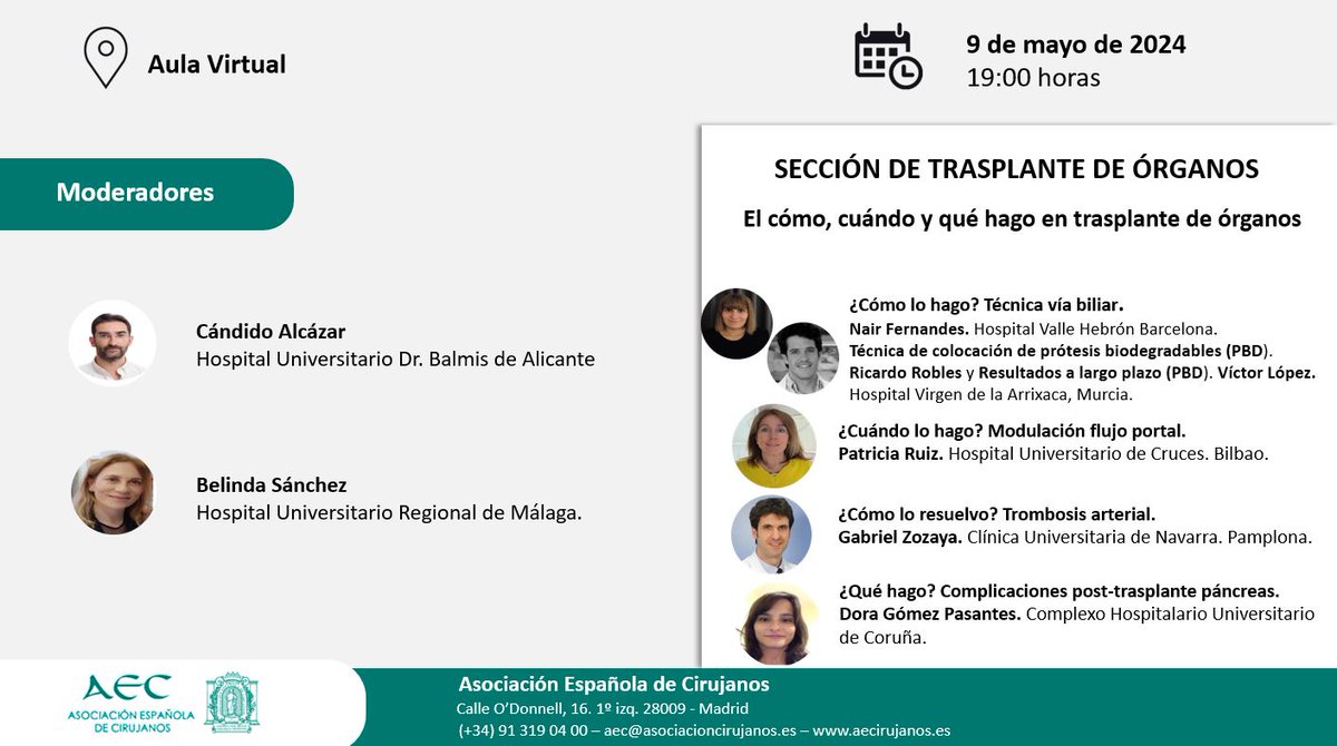 No te pierdas esta tarde a las 19:00h el #AULAVIRTUAL #AEC: “El cómo, cuándo y qué hago en trasplante de órganos” @TrasplanteAEC @aechbp ➡️us02web.zoom.us/webinar/regist… @V_Lopez_Lopez @Doragpasantes @gnzozaya