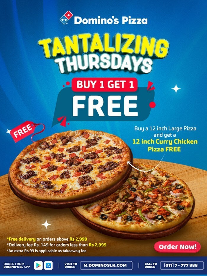 Domino’s Buy 1 Get 1 FREE offer.
bit.ly/3TpVddA
#lka #iContactLanka #SriLanka