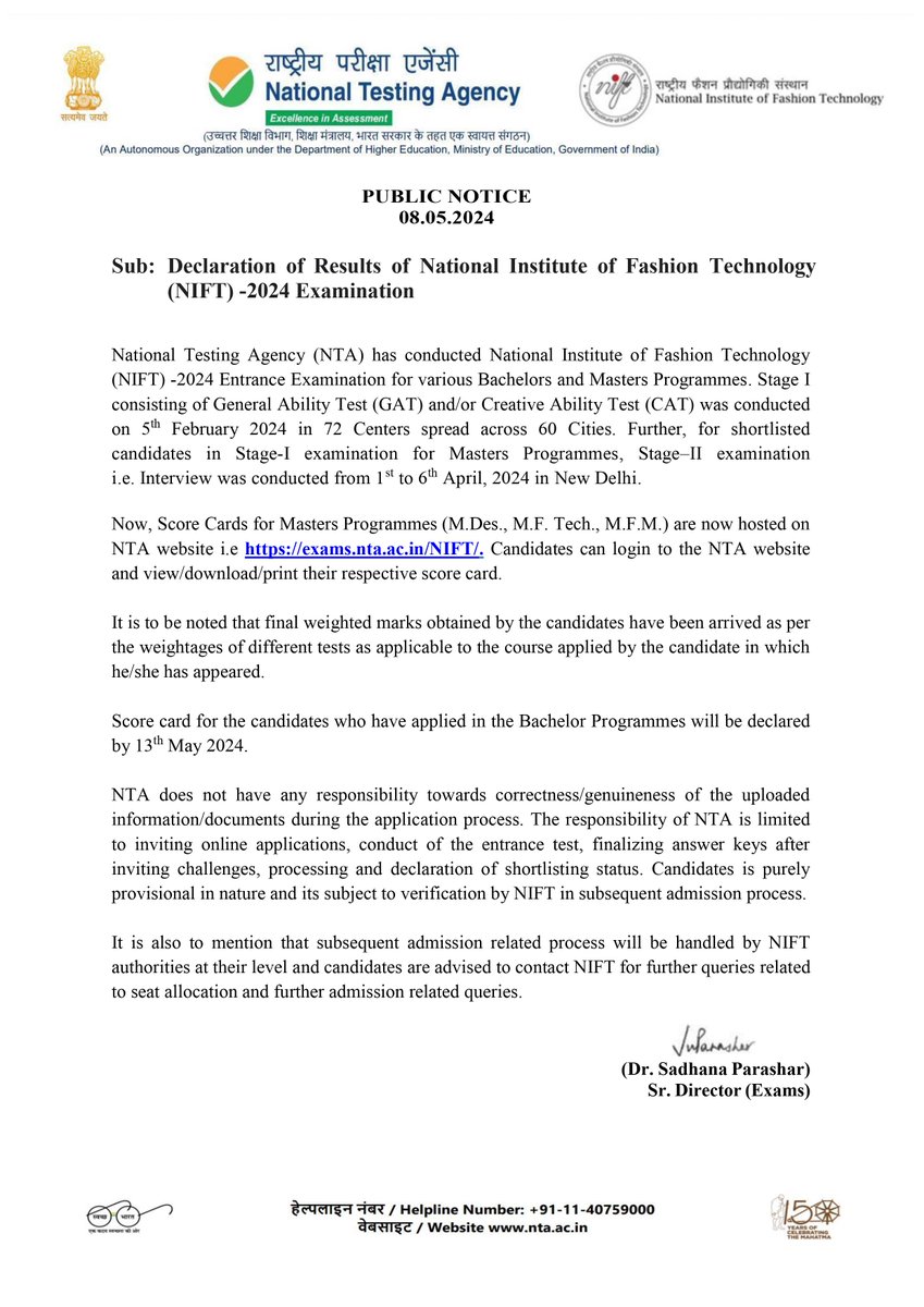 Declaration of Results of National Institute of Fashion Technology (NIFT) -2024 Examination