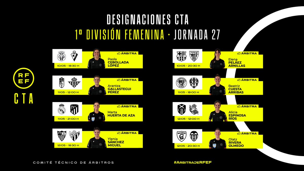 ⚖️ DESIGNACIONES | Primera División Femenina Estas son las árbitras que dirigirán la jornada 2️⃣7️⃣ del torneo. 🔗 rfef.es/es/noticias/of… #ArbitrajeRFEF | @CTARFEF