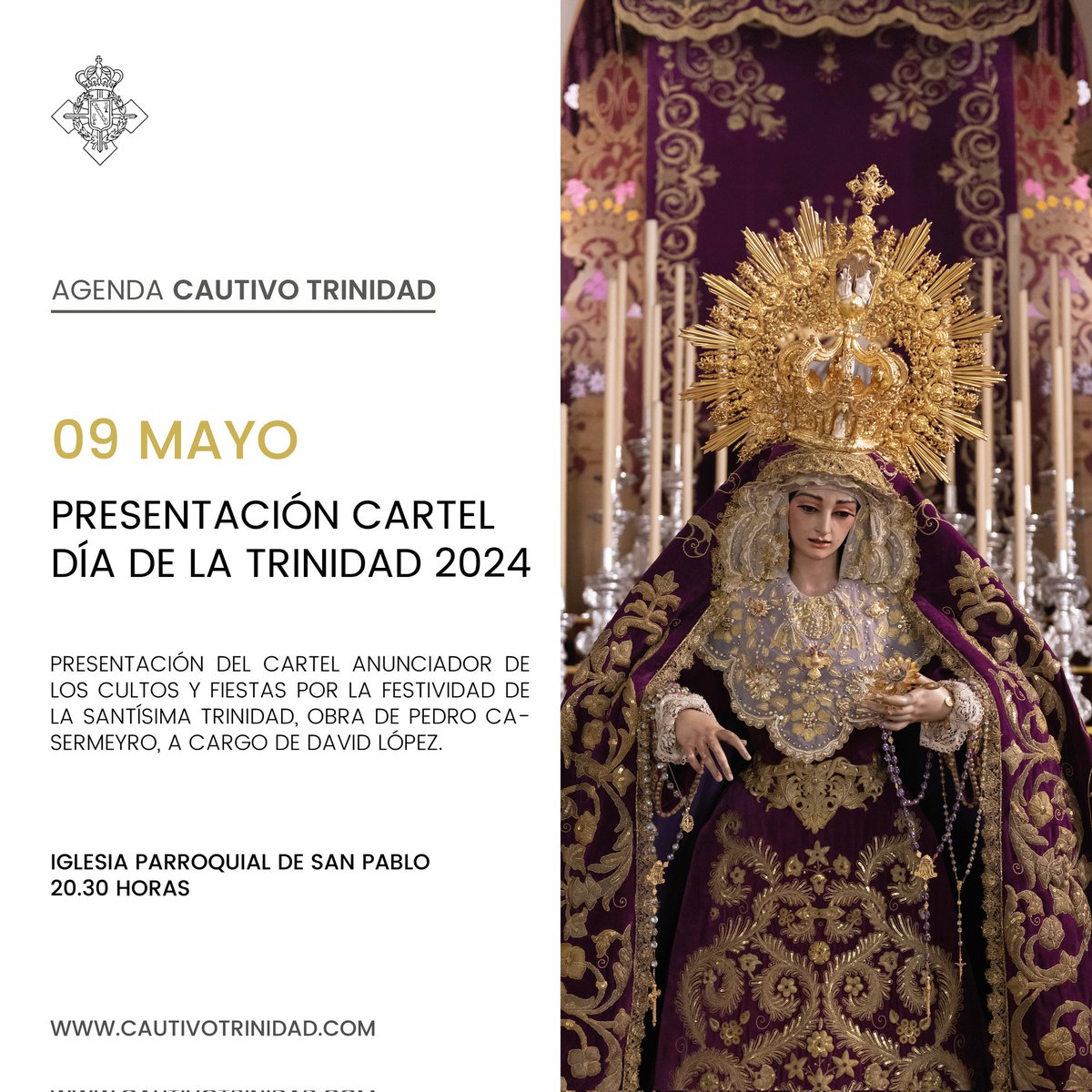 AGENDA HOY - Presentación del cartel anunciador de los cultos y fiestas por el #DíadelaTrinidad 2024, a las 20.30 horas en la parroquia de San Pablo. La obra, realizada por el artista Pedro Casermeyro, será presentada por nuestro hermano David López. #CofradíasMLG.