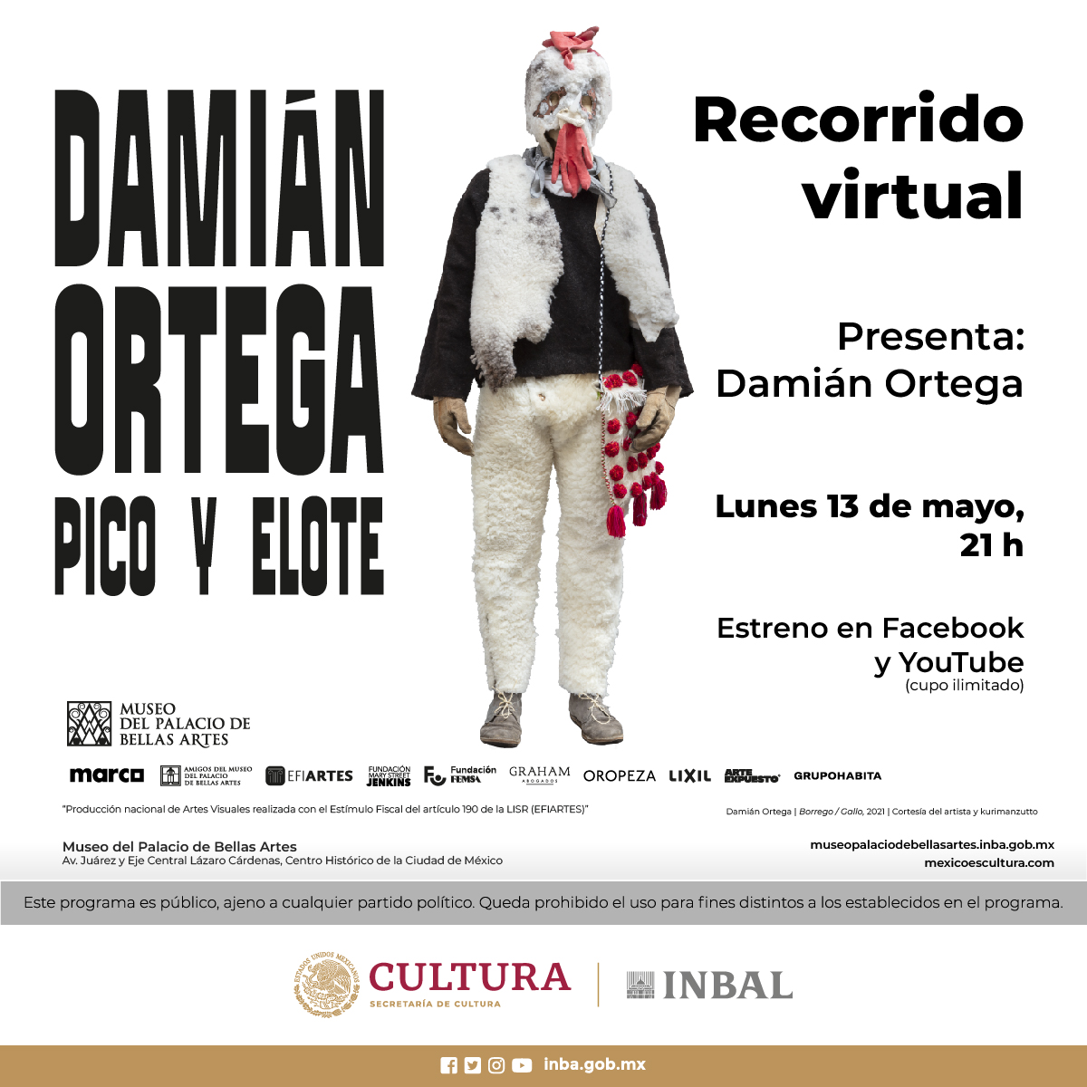 El lunes 13 de mayo a las 21 h, a través de #FacebookLive, podrás disfrutar de un recorrido virtual por la exposición 'Damián Ortega. Pico y elote' del @mbellasartes. Presente: Damián Ortega. ¡No te lo pierdas! 🤩