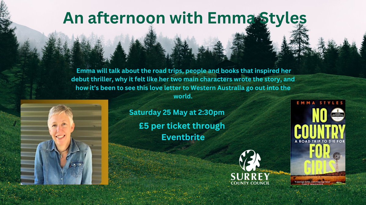 Join us on Saturday 25 May for An Afternoon with Emma Styles! 🤩 She'll be talking to us about her novel 'No Country For Girls' and the road trips that inspired her! 🤔 Book your tickets here: eventbrite.co.uk/e/no-country-f… @SurreyLibraries @emstylesauthor