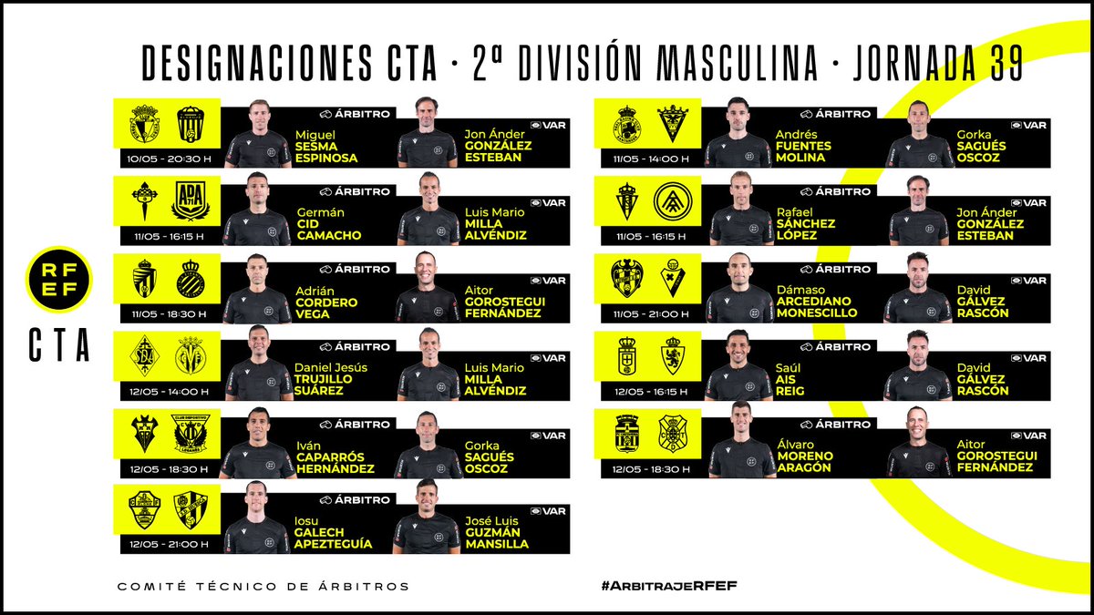 ⚖️ DESIGNACIONES | Segunda División Masculina Consulta los colegiados de los enfrentamientos de la jornada 3️⃣9️⃣ del campeonato. 🔗 rfef.es/es/noticias/of… #ArbitrajeRFEF | @CTARFEF