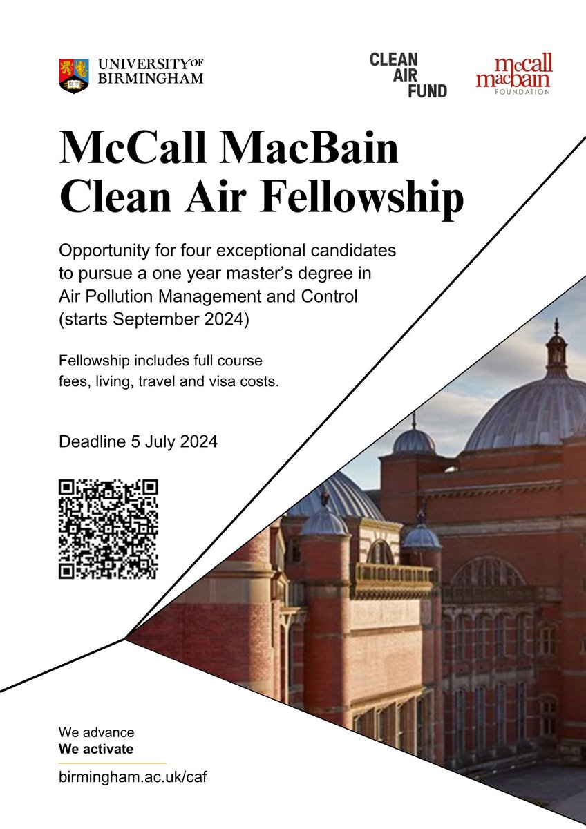 WM-Air (@wmair_uob) on Twitter photo Clean Air Fund and <a href="/unibirmingham/">Uni of Birmingham</a> are seeking four exceptional students from the UK, Central & Eastern Europe to pursue a master’s degree in #AirPollution Management and Control as McCall MacBain Clean Air Fellows. Deadline for applications is 5 July 2024. birmingham.ac.uk/caf Clean Air Fund and <a href="/unibirmingham/">Uni of Birmingham</a> are seeking four exceptional students from the UK, Central & Eastern Europe to pursue a master’s degree in #AirPollution Management and Control as McCall MacBain Clean Air Fellows. Deadline for applications is 5 July 2024. birmingham.ac.uk/caf