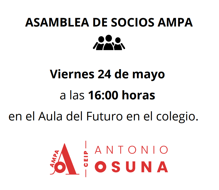AMPAOsuna's tweet photo. Las familias que deseen y necesiten hacer uso del AMPLICOLE en horario de 16 a 17 horas el viernes 24 de mayo (para participar en la asamblea) pueden solicitarlo, gratuitamente,
escribiendo un correo al ampaosuna@hotmail.com https://t.co/pvF06b3t1r