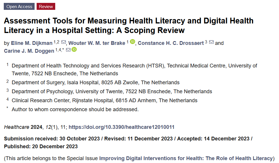 📣Today we share #Article 'Assessment Tools for Measuring #Health #Literacy and #Digital Health Literacy in a #Hospital Setting: A Scoping Review' 🧐by Eline M. Dijkman et al. 📌Link: mdpi.com/2227-9032/12/1…