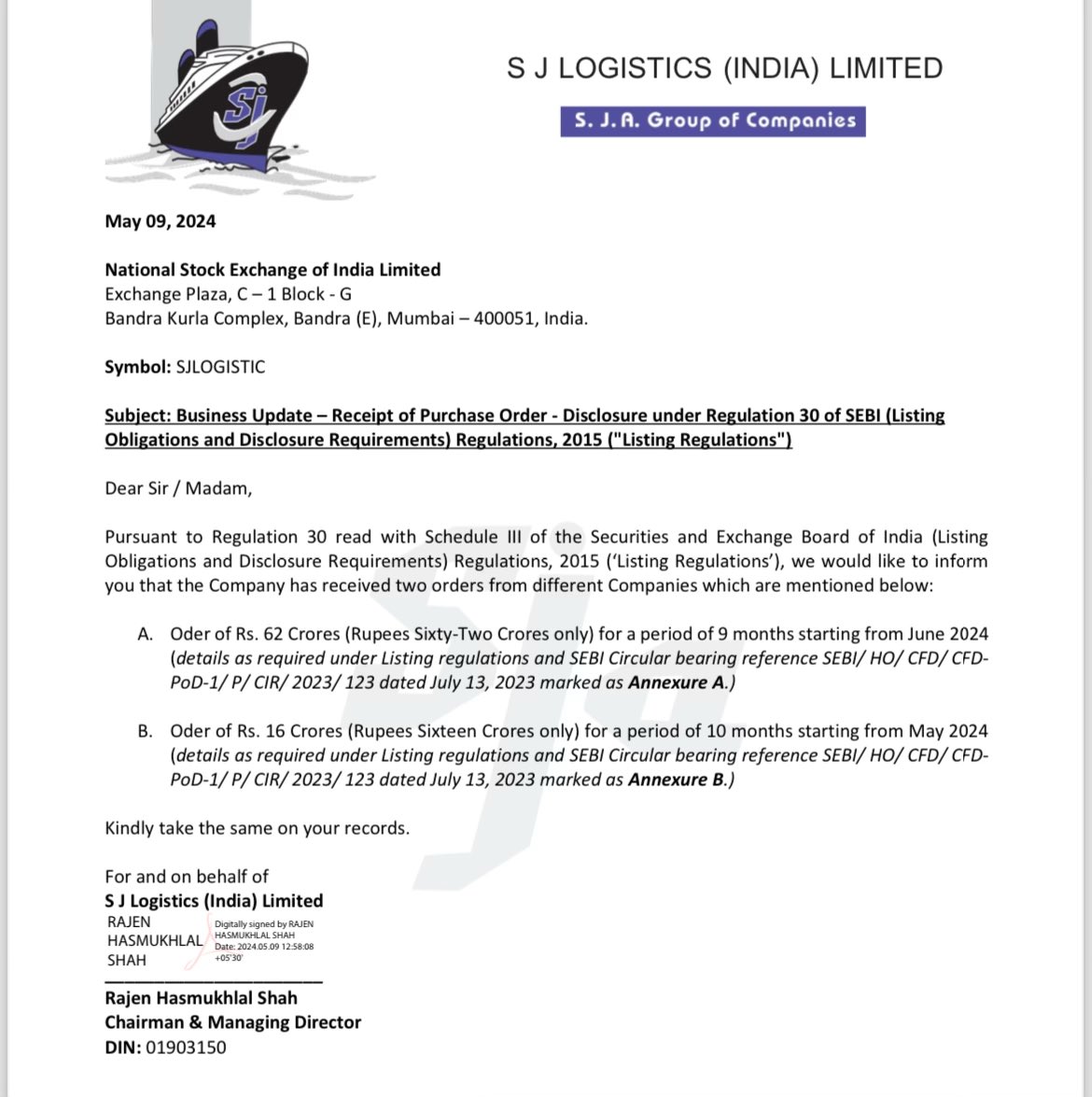 S J Logistics has received an order of Rs. 62 Crores for a period of 9 months starting from June 2024. Additionally, the company received an order of Rs. 16 Crores for a period of 10 months starting from May 2024.