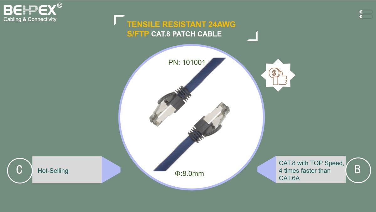 #BEHPEX®
Tensile Resistant 24AWG S/FTP Cat.8 Patch Cable
#Cat8
#24AWG
#Tensile #Resistant