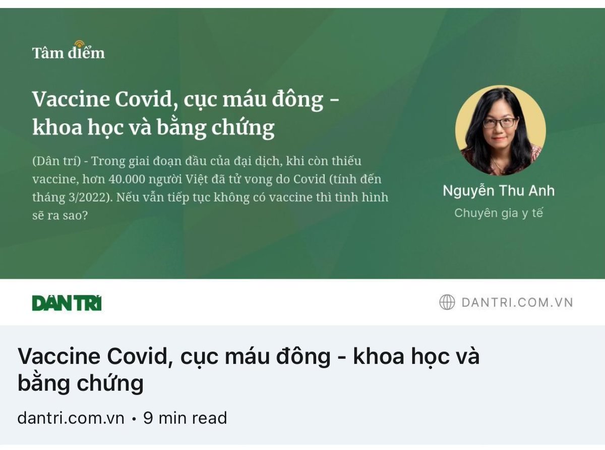 Gần đây, nhiều người Việt vẫn tin rằng họ có thể chết vì biến chứng huyết khối ngay cả khi đã tiêm vắc xin COVID-19 của AstraZeneca nhiều tháng/năm trước đây. Và đây là suy nghĩ của tôi về nguy cơ này. 👉 dantri.com.vn/tam-diem/vacci…