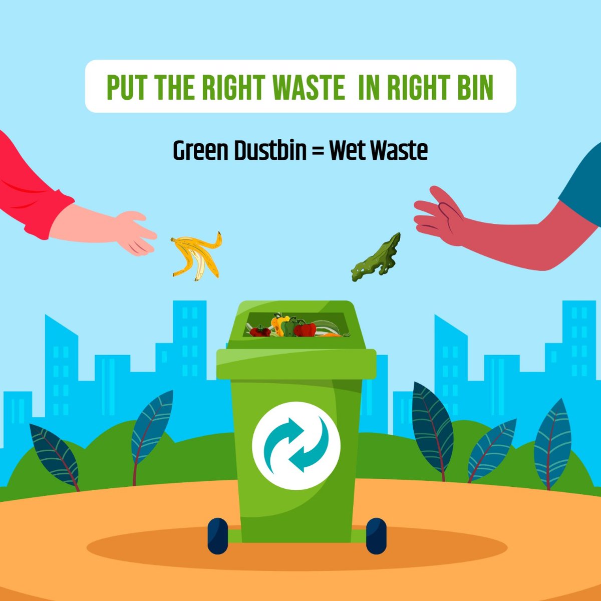 Do you Know? What goes in the Green Dustbin? Green Dustbin - Wet waste & organic materials. By separating your waste & depositing it into the green bin, you not only keep your surroundings clean but also contribute to a greener, more sustainable environment. #GarbageFreeCities