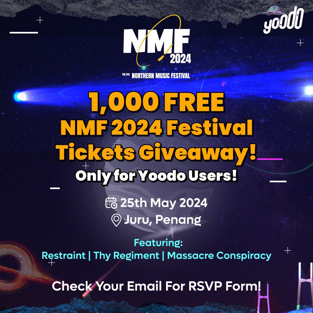 Guess who's back? Back again? 🎶 ATTENTION TO ALL YOODOERS!!! Grab your 1,000 FREE tickets to catch May of regiment, Thy Regiment and mc16band and MORE in ONE STAGE for the first time ever! Are you ready?! Check your email now! 📧 #NMF2024 #YoodoPresents #yoodo #yoodoyou
