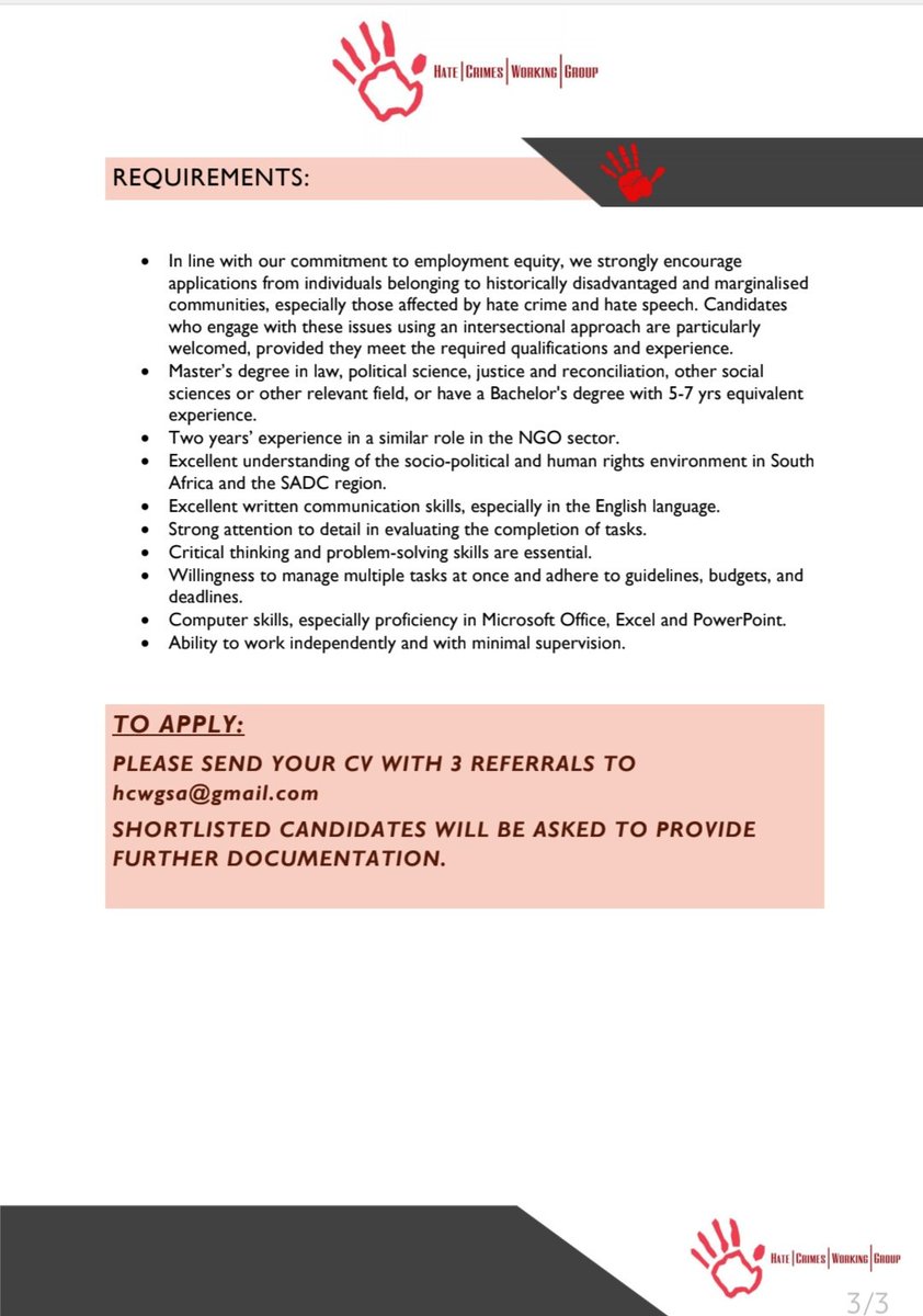 Please see job description for a co-ordinator position at the Hate Crimes Working Group. For more information email hcwgsa@gmail.com or samelovetoti@gmail.com