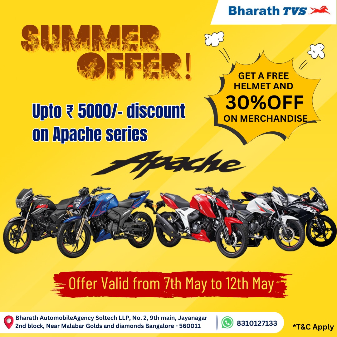Rev up your summer with savings! Get up to Rs 5000 off on all Apache models (Except RTR 310) from 7th to 12th May.
Don't miss this chance to ride home your dream bike! 🏍️

#Bharathtvs #TVS #summeroffer #apachediscount #bikesale #limitedtimeoffer #ridenow #bargaindeal #discounts