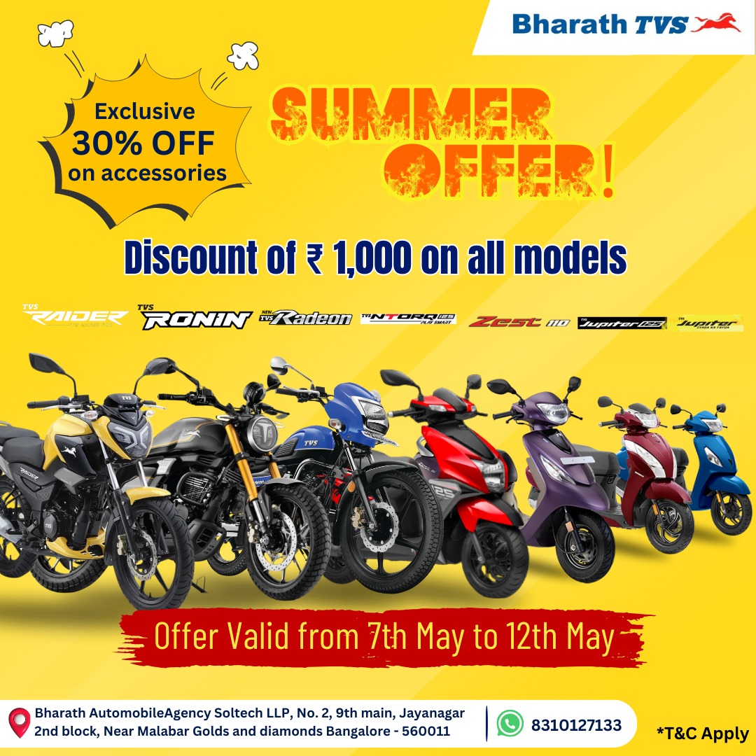 Summer just got hotter with our exclusive offer! Get Rs 1,000 off on all models* (excluding Apache) from 7th to 12th May. Don't miss out on this sizzling de#BikeOffer

#Bharathtvs #TVS #summeroffer #discount #twowheeler #deal #exclusiveoffer #limitedtime #savings #bikeoffer