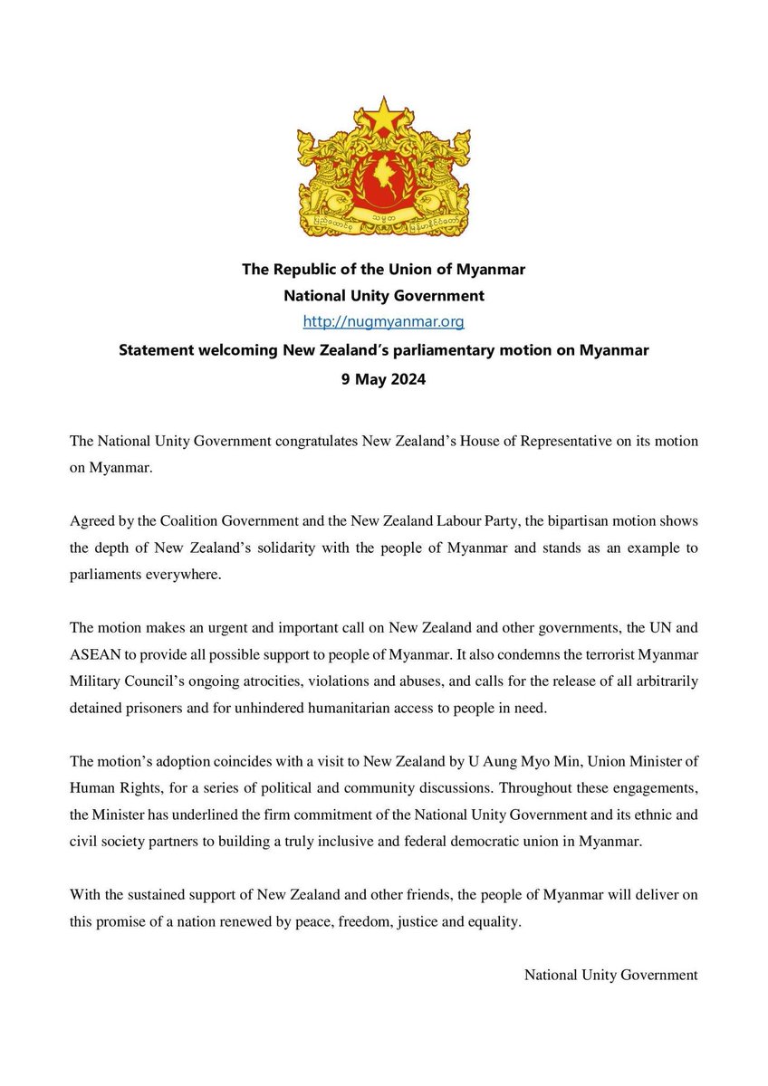 Statement welcoming #NewZealand’s parliamentary motion on #Myanmar #NUG The National Unity Government congratulates New Zealand’s House of Representative on its motion on Myanmar. Agreed by the Coalition Government and the New Zealand Labour Party, the bipartisan motion shows…