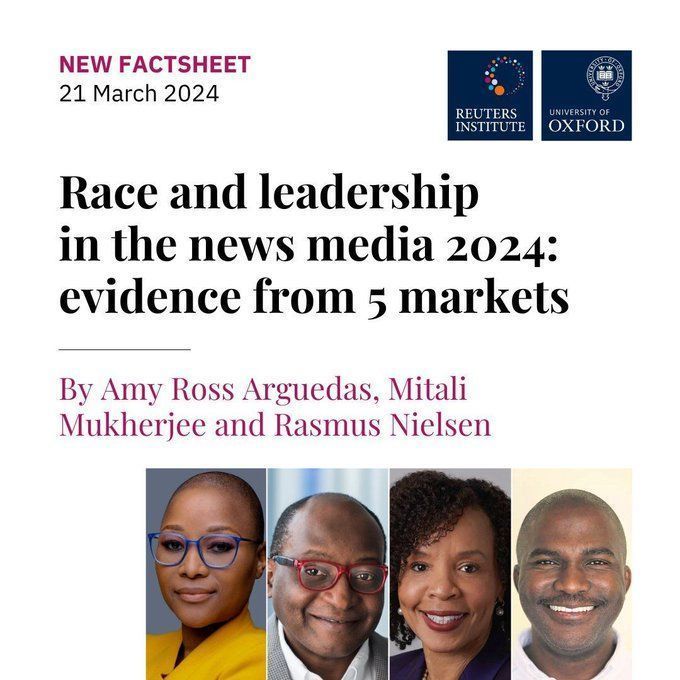 Only 23% of the 75 top editors across 100 news brands in 5 countries are people of color, according to a new @risj_oxford factsheet by @amyross87, @MitaliLive, and @rasmus_kleis. Full report: buff.ly/43s4TXU