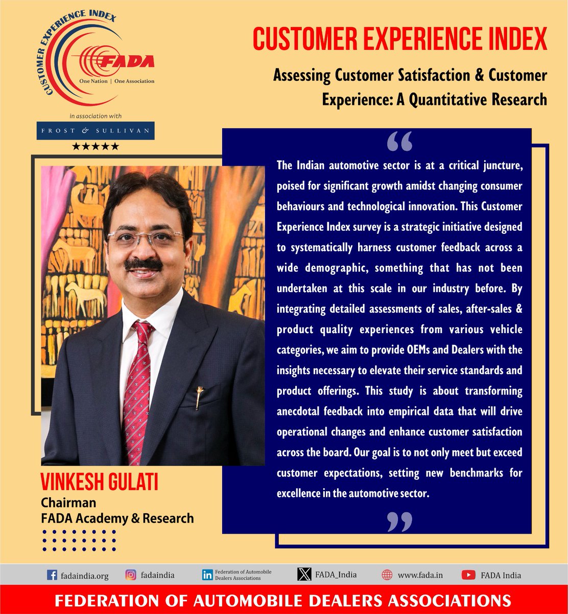 FADA Academy & Research Chairman Mr Vinkesh Gulati's views on the Customer Experience Index (CEI) Study. The study was jointly launched by the FADA and @FrostSullivanIN #ONOA #FADA #CEIStudy #CustomerExperience