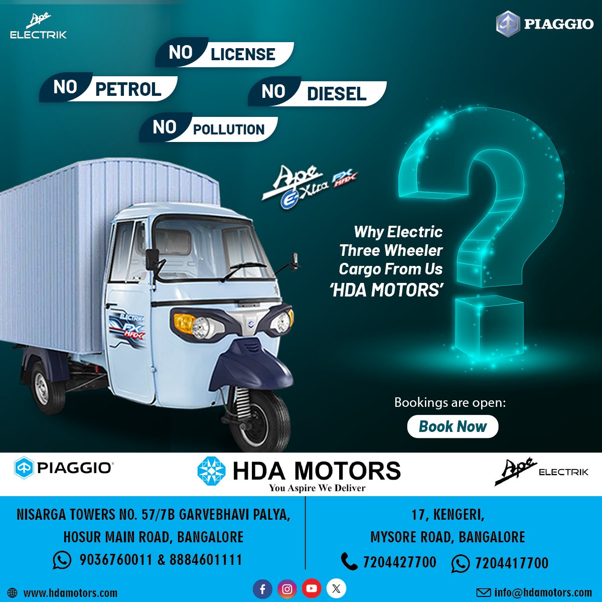 Why choose electric three-wheeler cargo from 'HDA MOTORS'?

- No License Required
- No Petrol or Diesel Needed
- Zero Pollution Emissions

Experience eco-friendly and hassle-free mobility with the #ApeEXtraFXMax! #GreenMobility #ElectricVehicle #ZeroEmissions