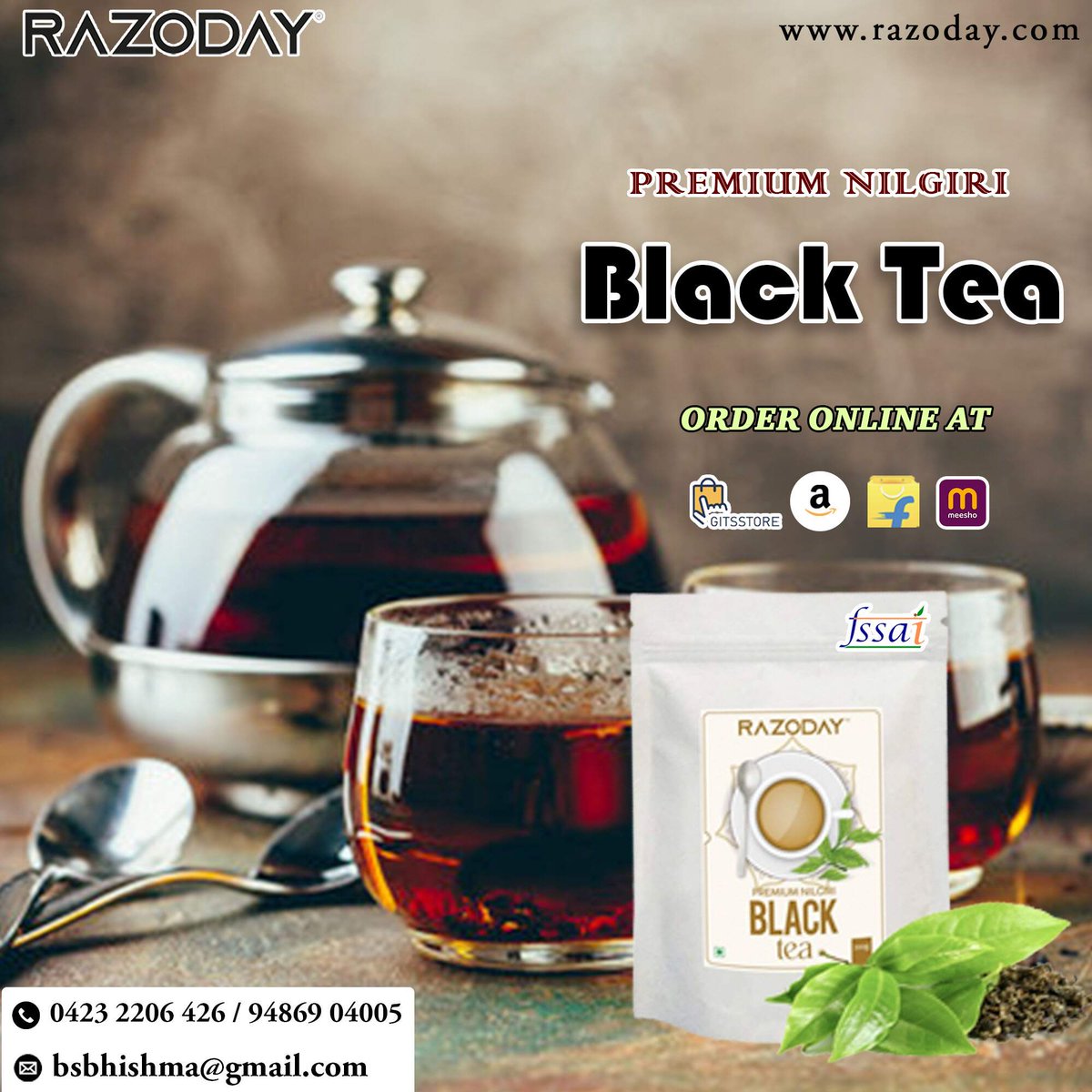 RAZODAY - PREMIUM NILGIRI BLACK TEA

#RAZODAY #SriVinayagaEnterprises #blacktea #premiumnilgiriblacktea #nilgiriblacktea #qualityingredients #unmatchedtaste #shoponlinenow #onlineshoping #freshness #shoponline #BestQualityBestPrice #orderonlinenow #industryleadingcompany