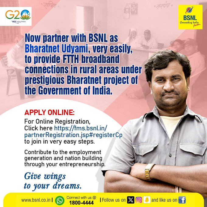 #EmpowerRuralConnectivityJoin forces with #BSNL as a #BharatnetUdyami and contribute to the GoI's prestigious #BharatNetProject, making #FTTH broadband connections easily accessible in rural areas.  To apply Click here:  fms.bsnl.in/partnerRegistr…