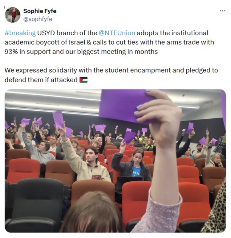Breaking: USYd NTEU branch votes 93% in favour of an academic boycott of Israel and to cut all ties with the military industry.  Free Palestine @WorkersinPales1 @NTEUNSW @GreenLeftOnline