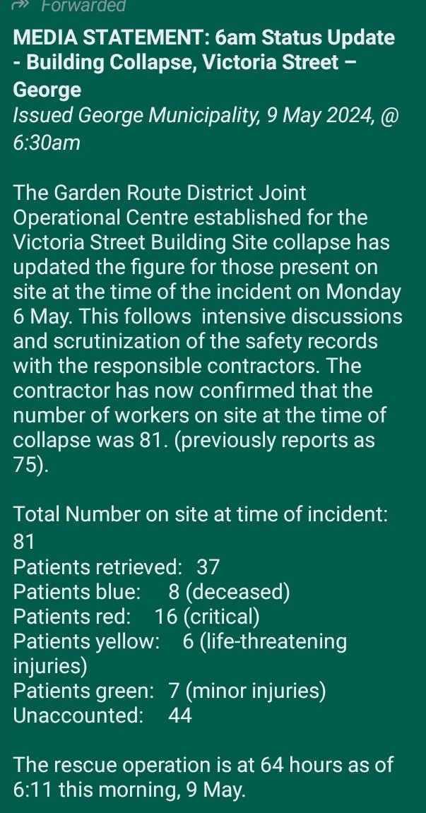 #GeorgeBuildingCollapse [BREAKING] The contractor has confirmed a total of 81 workers were on site and NOT 75 as previously stated. This means, as of 06h30 today, 44 are unaccounted for. For more tune in to @Newzroom405 At 7am