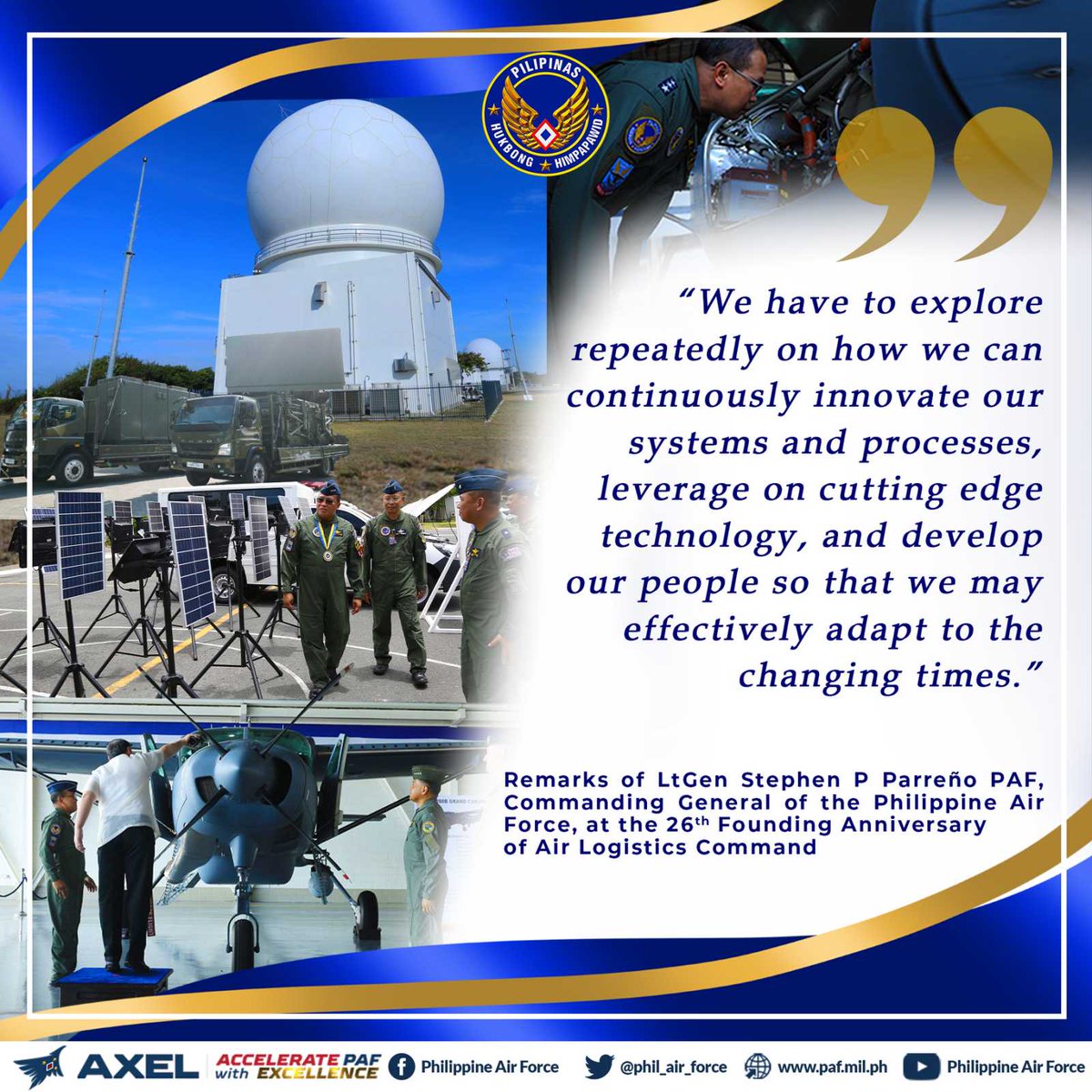 PAF HIGHLIGHTS The Commanding General of the Philippine Air Force, LtGen Stephen P Parreño PAF, reminded the personnel of the Air Logistics Command to continuously grow as a unit that will greatly contribute to ushering the PAF into a modernized force. #modernization #Anniversary